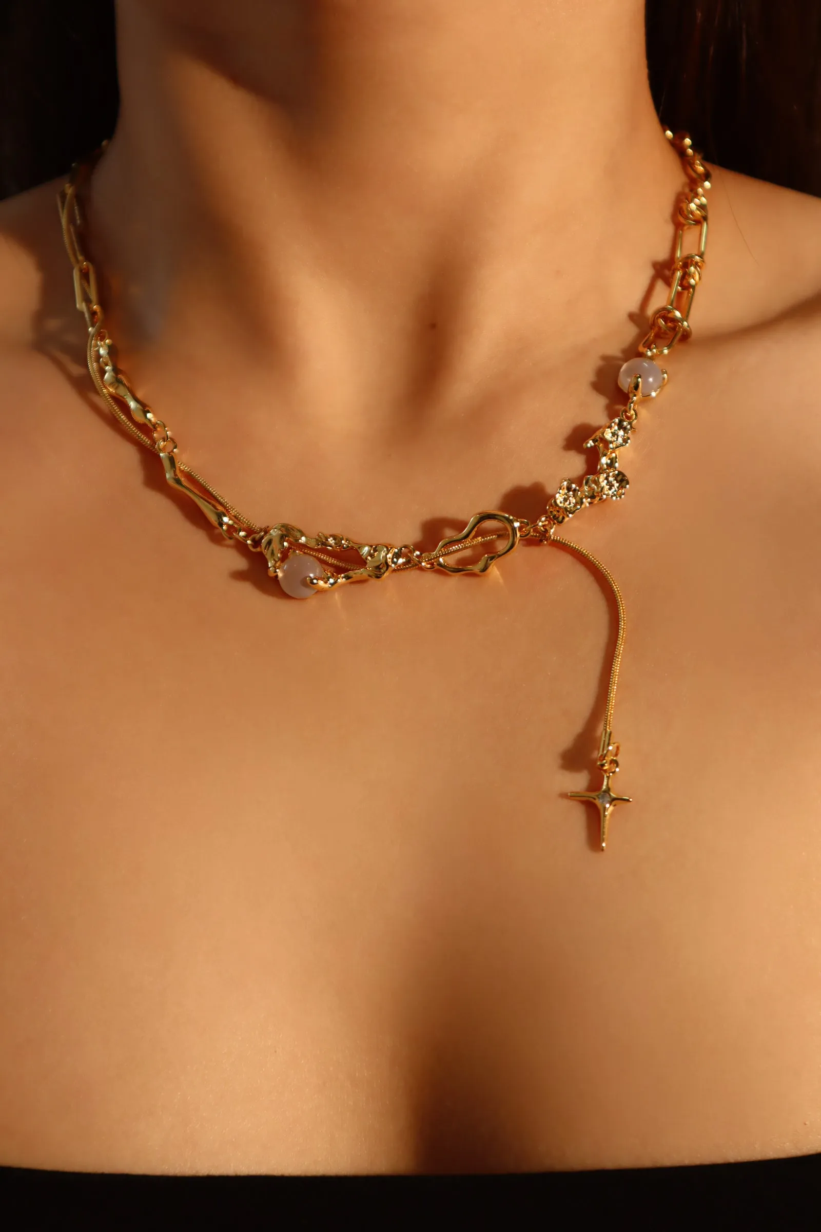 18K Real Gold Plated Moonlight Star Drop Necklace