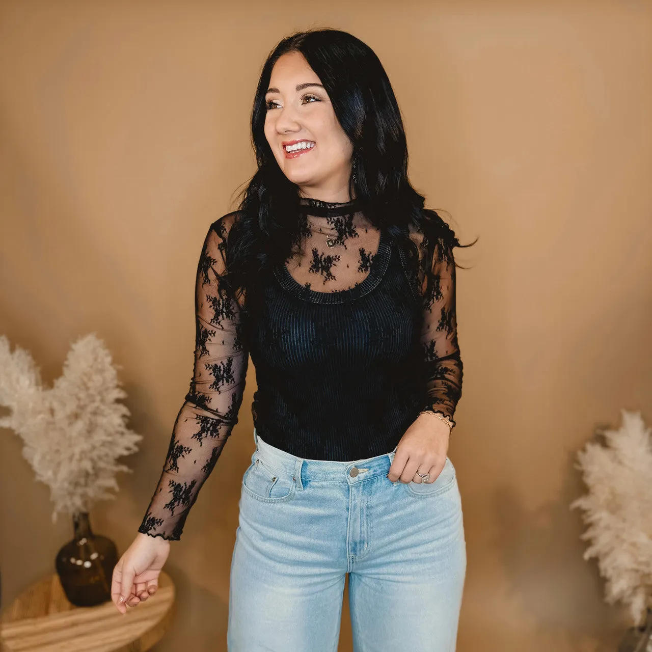 All Dressed Up Sheer Lace Top - Black