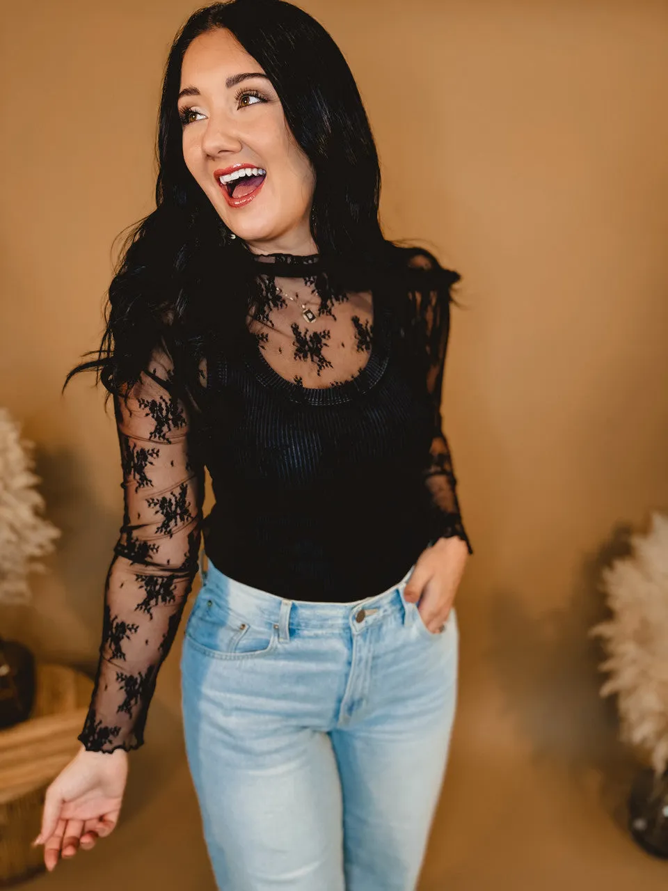 All Dressed Up Sheer Lace Top - Black