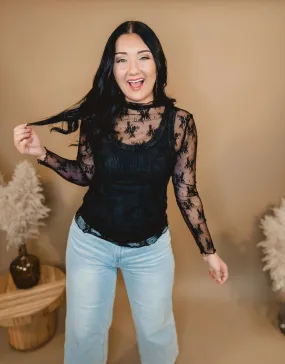 All Dressed Up Sheer Lace Top - Black