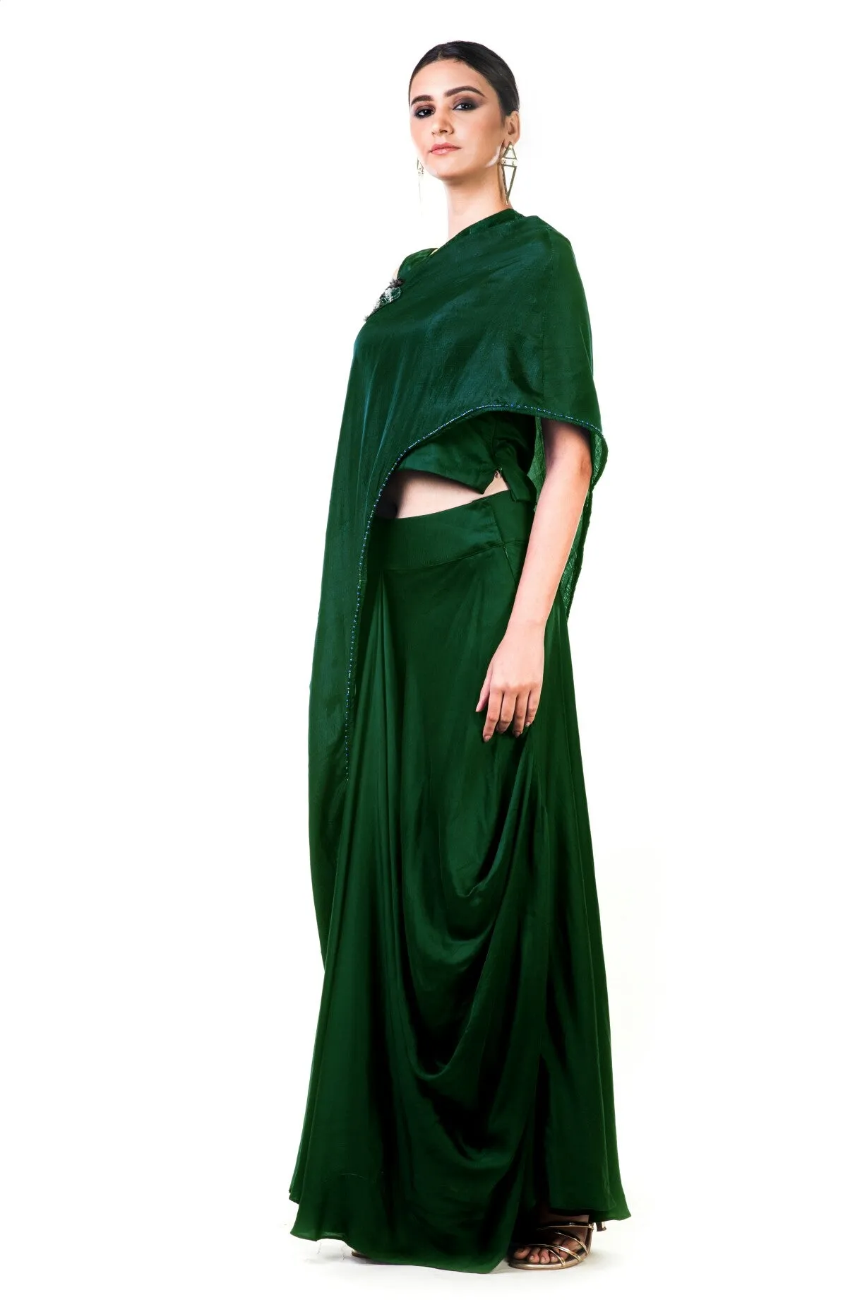 Anushree Agarwal Bottle Green Draped Gown with Cape Dupatta