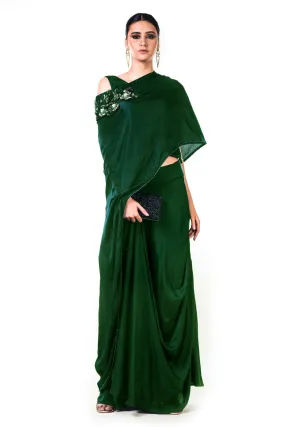 Anushree Agarwal Bottle Green Draped Gown with Cape Dupatta