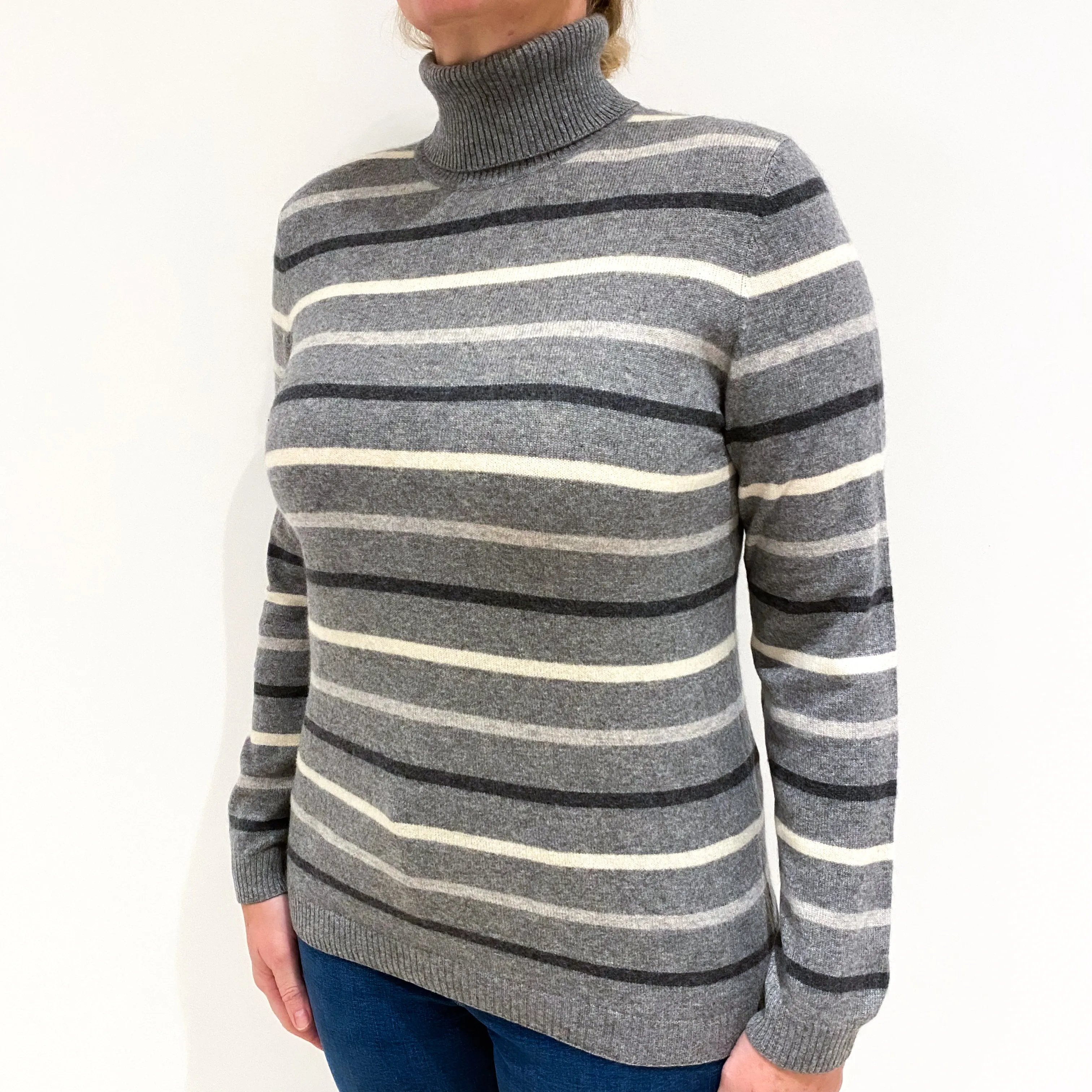 Ash Grey Stripe Cashmere Polo Neck Jumper Large