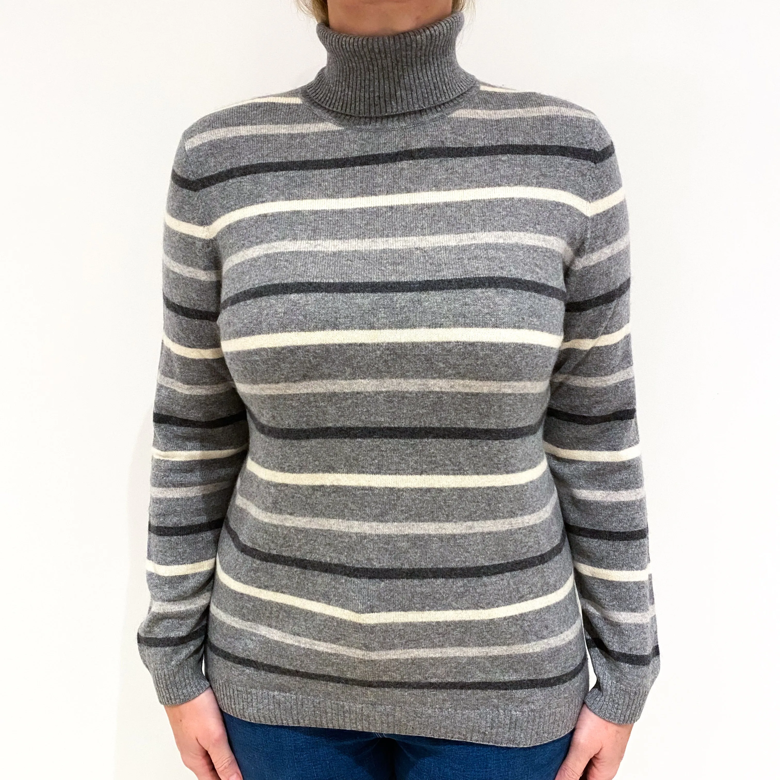 Ash Grey Stripe Cashmere Polo Neck Jumper Large