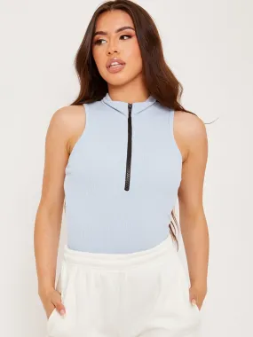 Aubrey Zip Detail Ribbed Bodysuit In Blue
