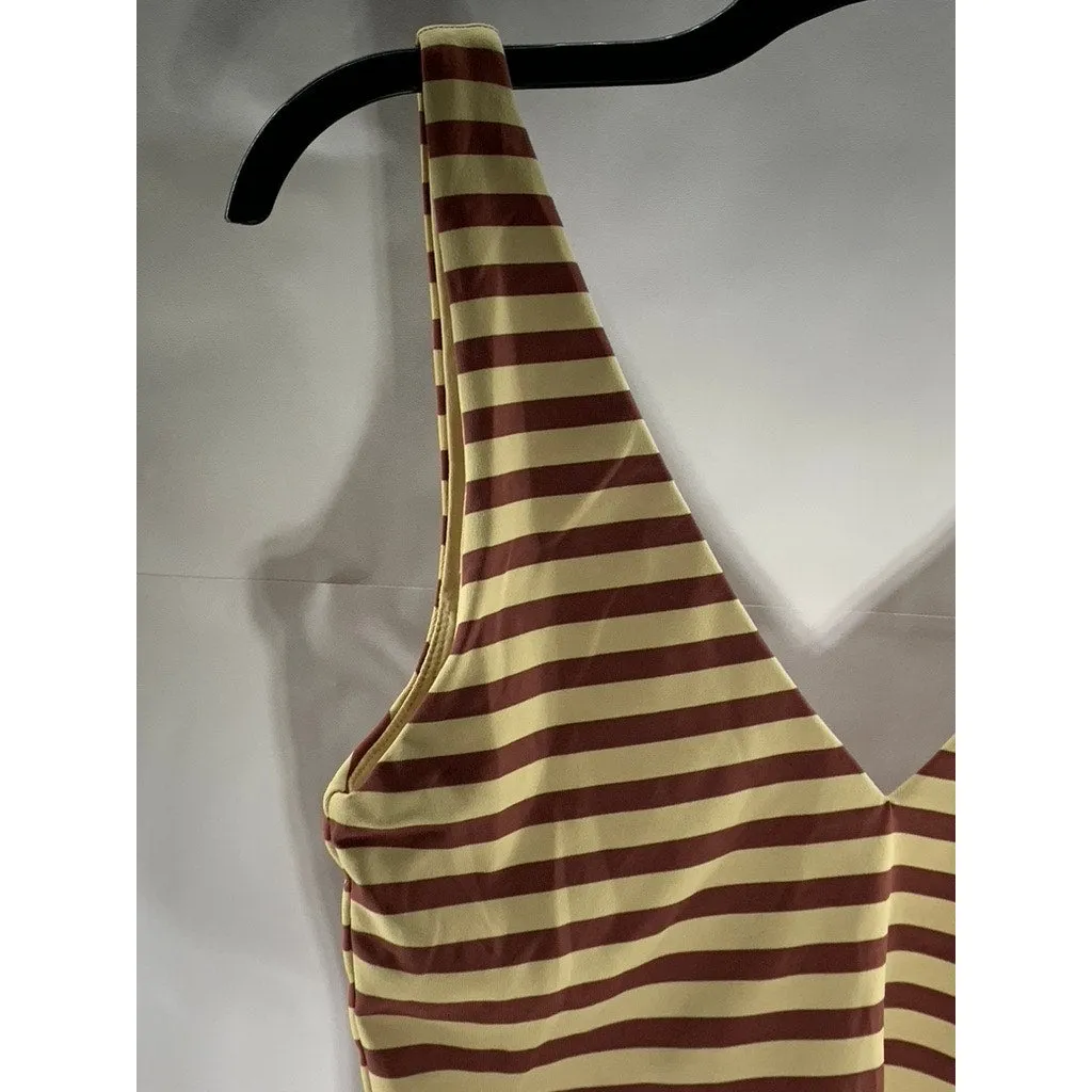 BABATON Women's Tan/Burgundy Striped Double V-Neck Thong Bodysuit SZ M