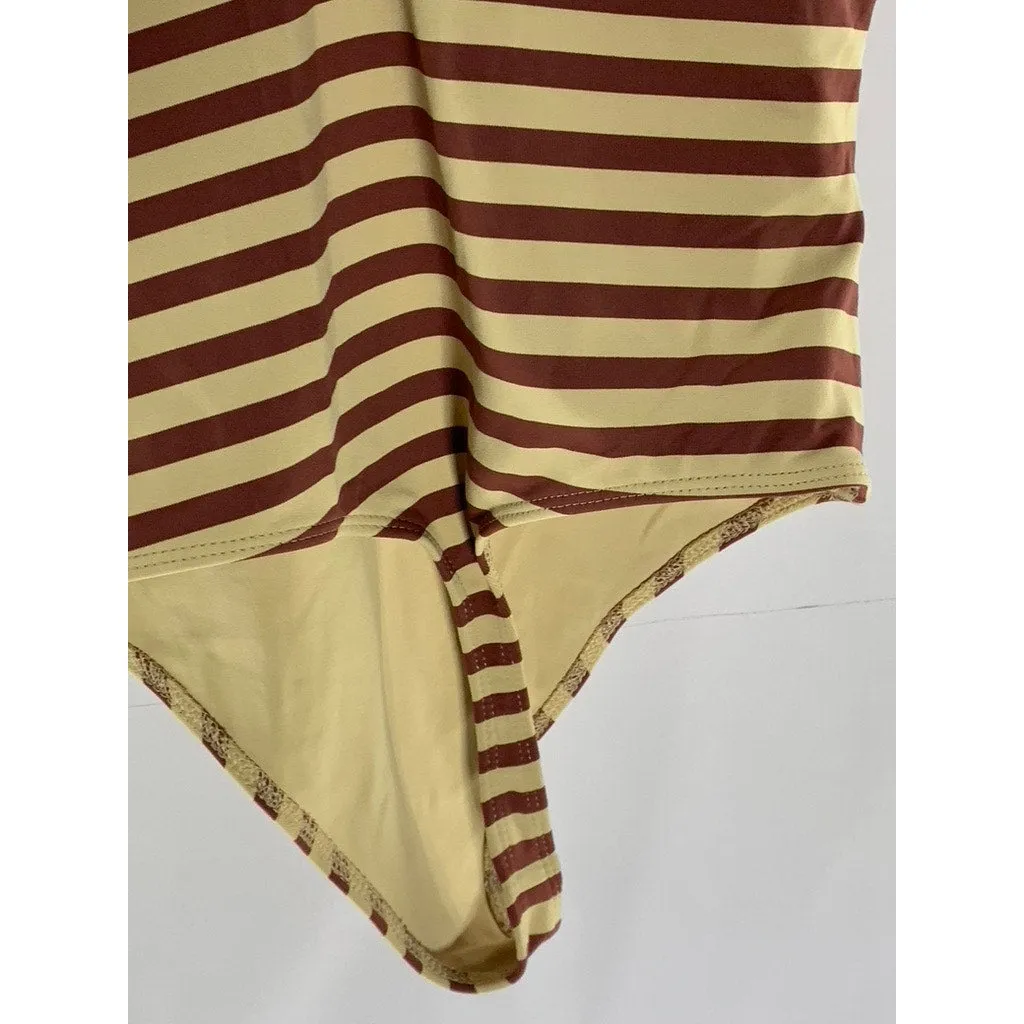 BABATON Women's Tan/Burgundy Striped Double V-Neck Thong Bodysuit SZ M