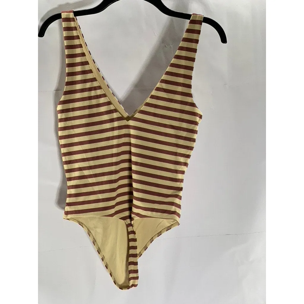 BABATON Women's Tan/Burgundy Striped Double V-Neck Thong Bodysuit SZ M