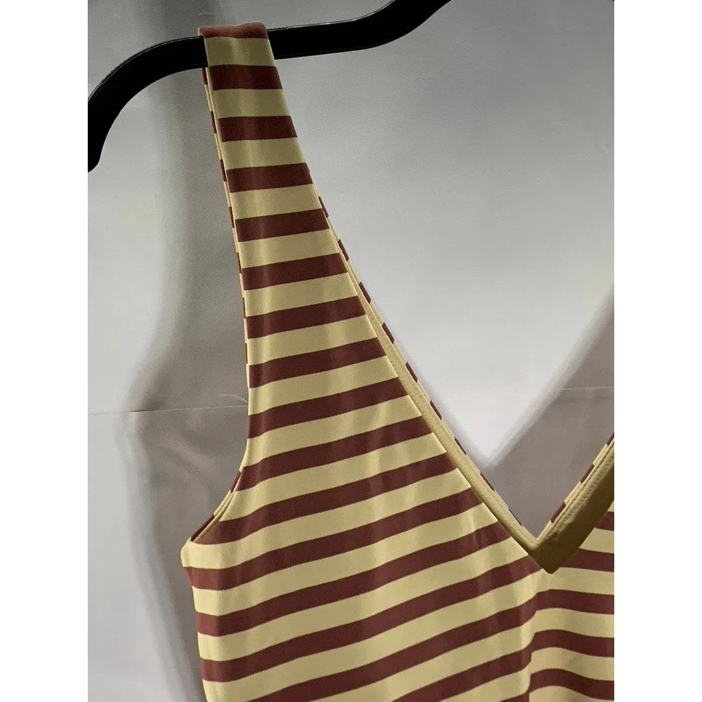BABATON Women's Tan/Burgundy Striped Double V-Neck Thong Bodysuit SZ M