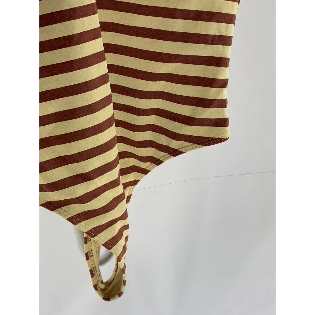BABATON Women's Tan/Burgundy Striped Double V-Neck Thong Bodysuit SZ M