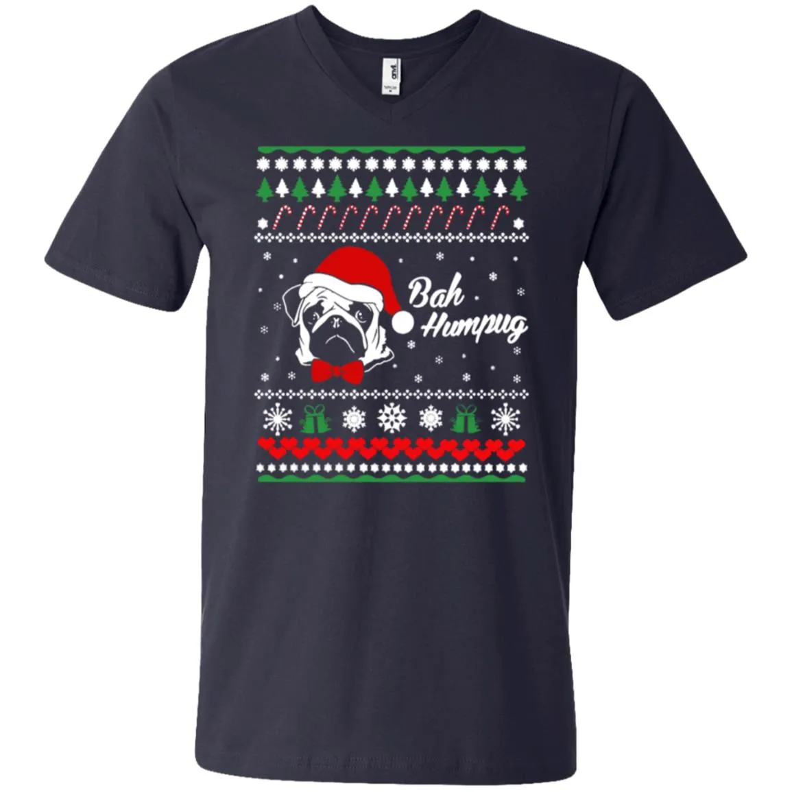 Bah Hum Pug Dog Christmas Men V-Neck T-Shirt
