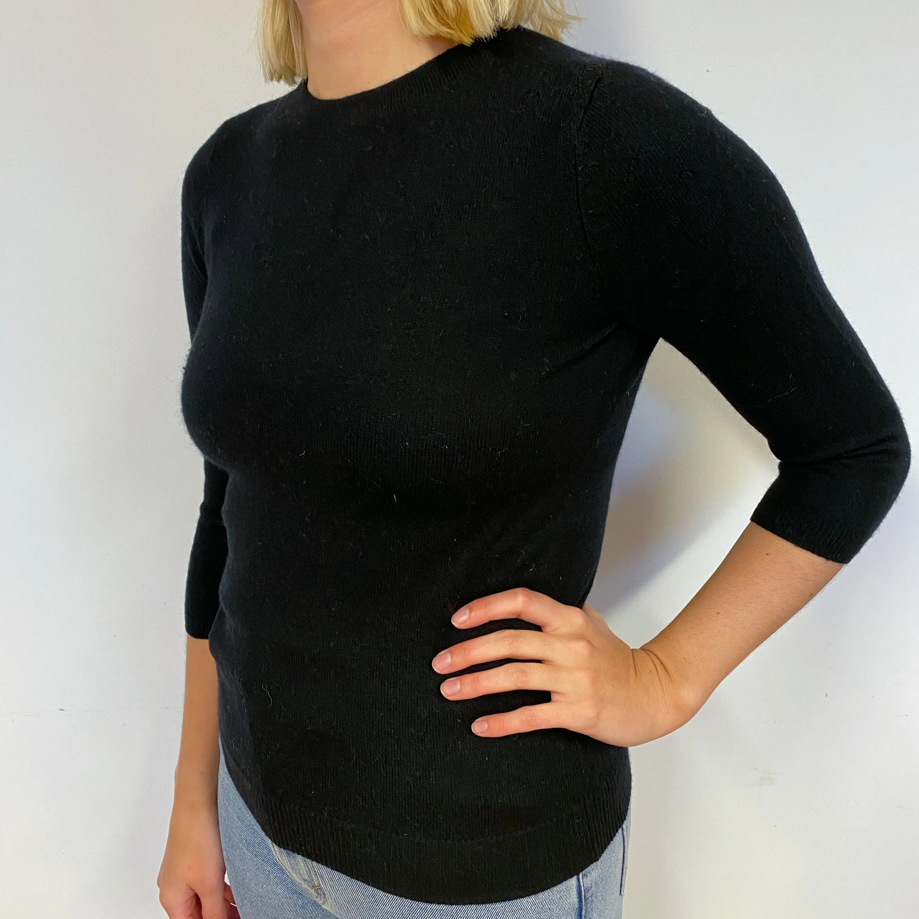 Black Cashmere 3/4 Sleeve Crew Neck Jumper Small