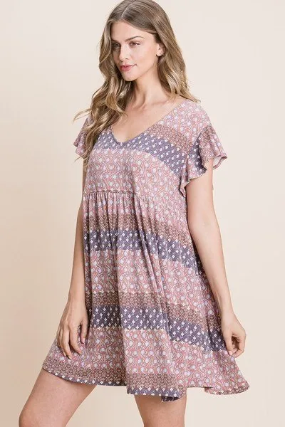 Brown Cute & Flirty Floral Printed Babydoll Mini Dress
