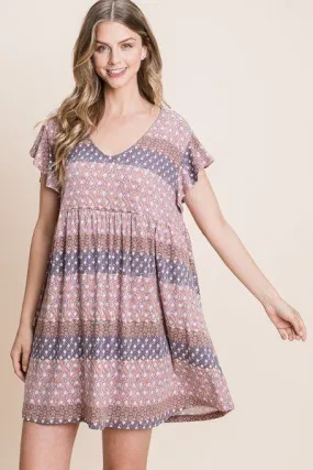 Brown Cute & Flirty Floral Printed Babydoll Mini Dress