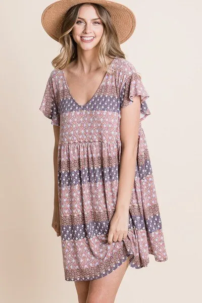 Brown Cute & Flirty Floral Printed Babydoll Mini Dress