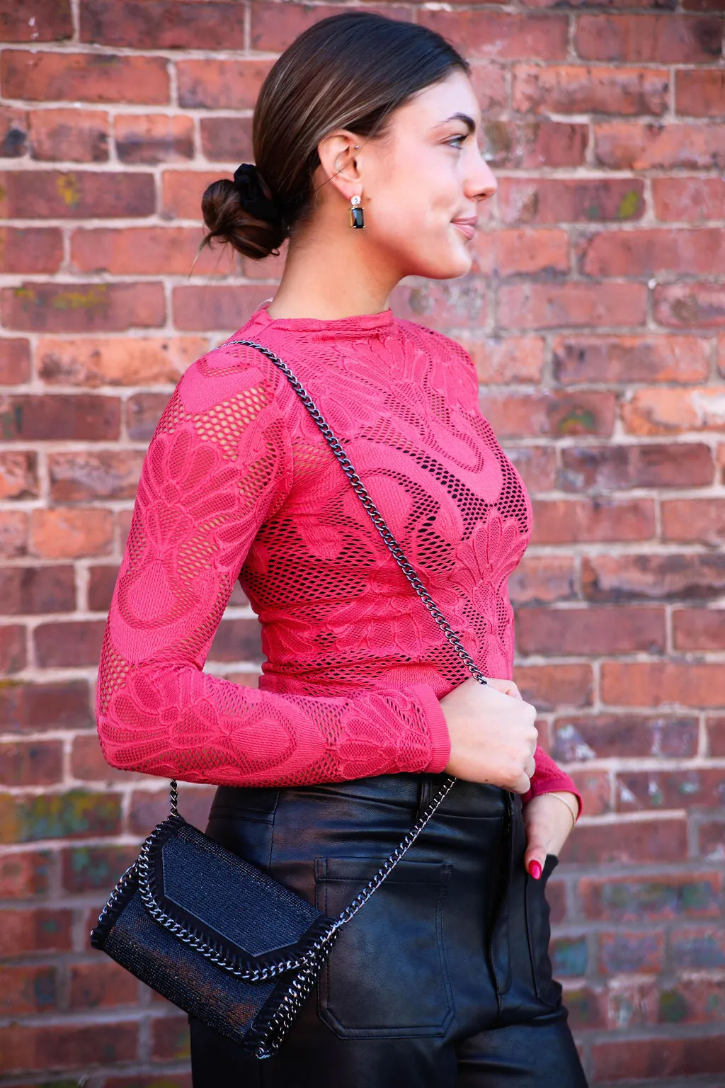 By Together Crimson Jacquard Fishnet Layering Top