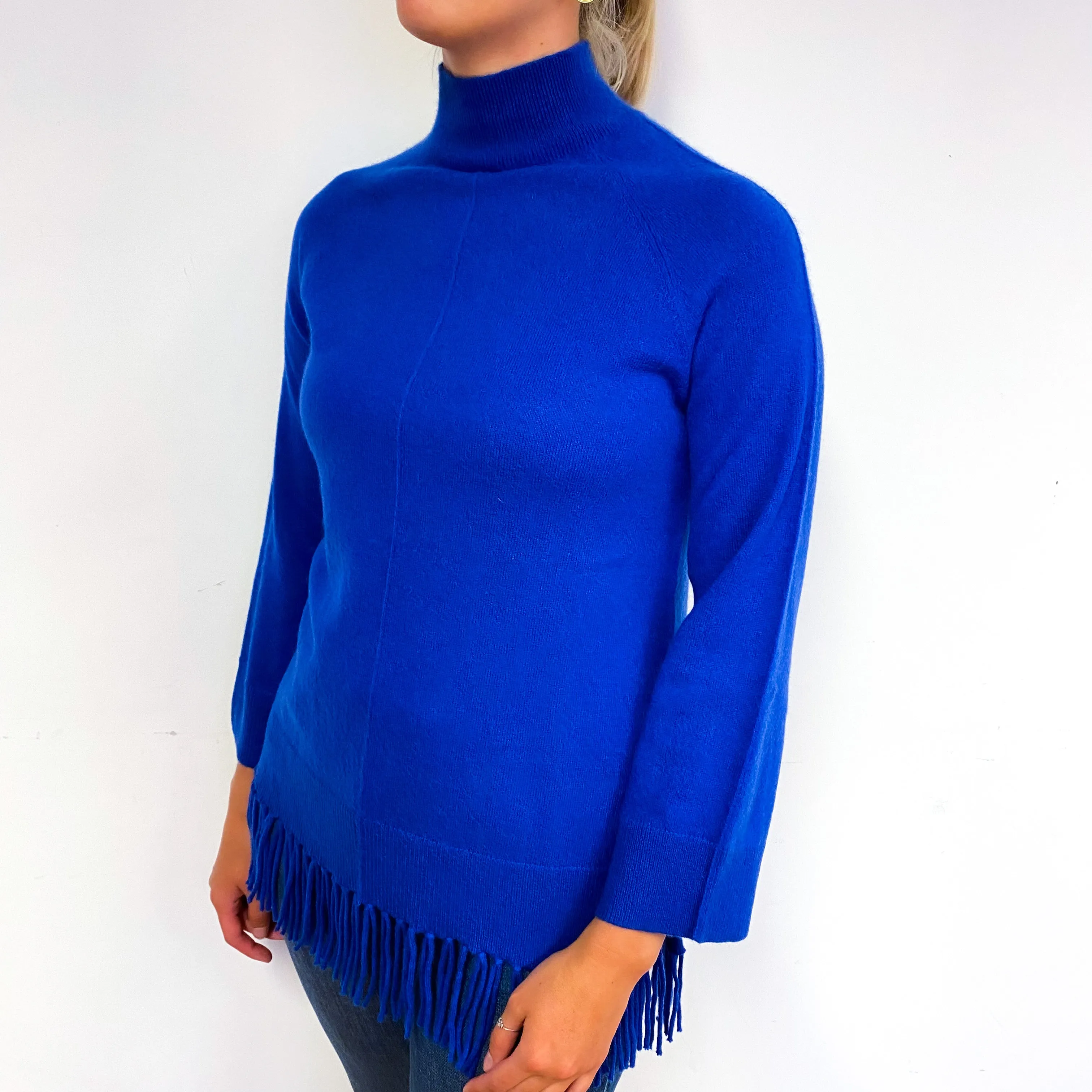 Cobalt Blue Fringed Cashmere Polo Neck Jumper Small
