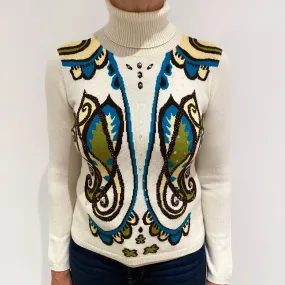 Cream Patterned Cashmere Polo Neck Jumper Medium