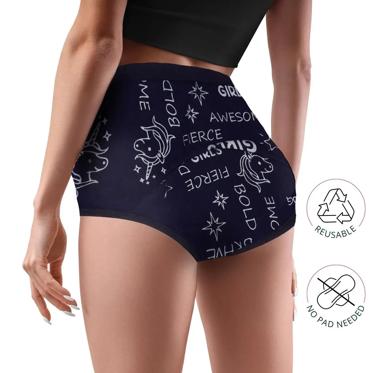 D'chica Navy Blue Unicorn Print Eco-friendly Anti-Microbial Lining Period Panties Blue, No Pad Required