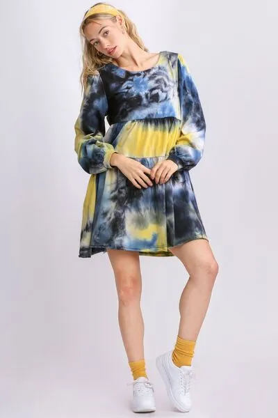 Dreamy Daze Tie Dye Long Sleeve Babydoll Tiered Dress in Yellow/Black
