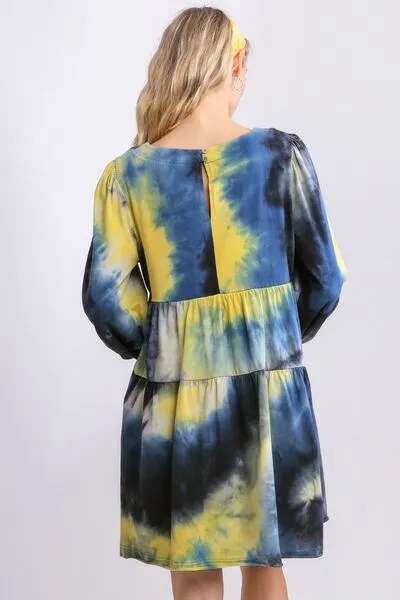 Dreamy Daze Tie Dye Long Sleeve Babydoll Tiered Dress in Yellow/Black