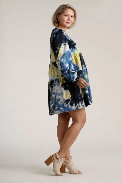 Dreamy Daze Tie Dye Long Sleeve Babydoll Tiered Dress in Yellow/Black