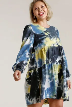 Dreamy Daze Tie Dye Long Sleeve Babydoll Tiered Dress in Yellow/Black