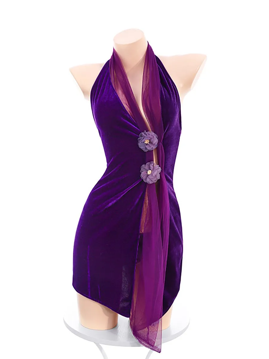 Elegant Velvet Slit Babydoll Dress