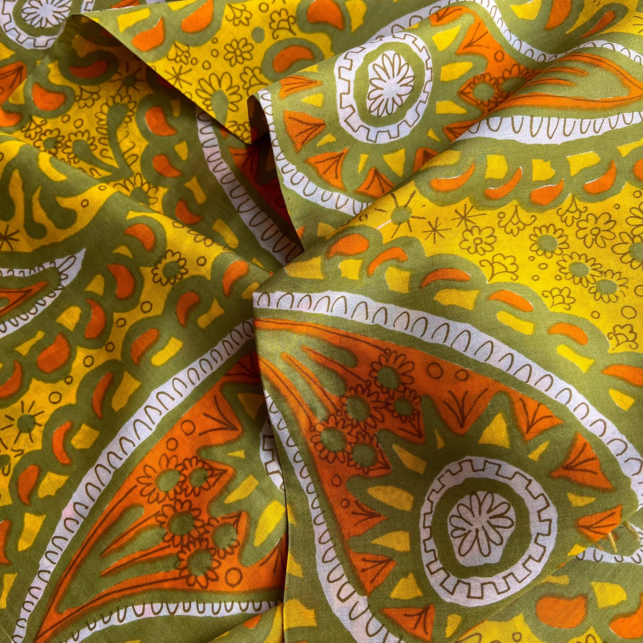 Fab 1970s Vera Yellow, Orange, and Green Pattern Silk Scarf