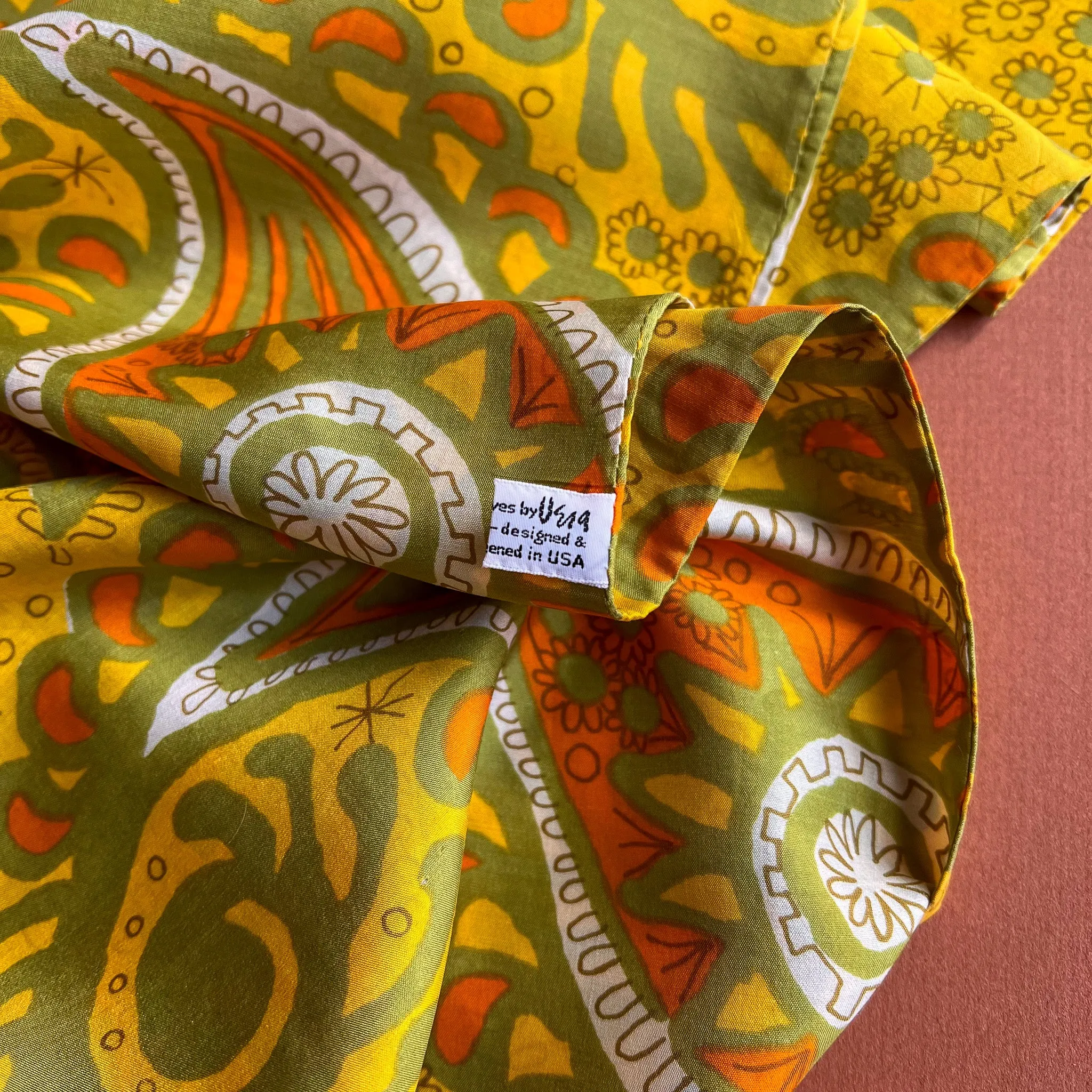 Fab 1970s Vera Yellow, Orange, and Green Pattern Silk Scarf