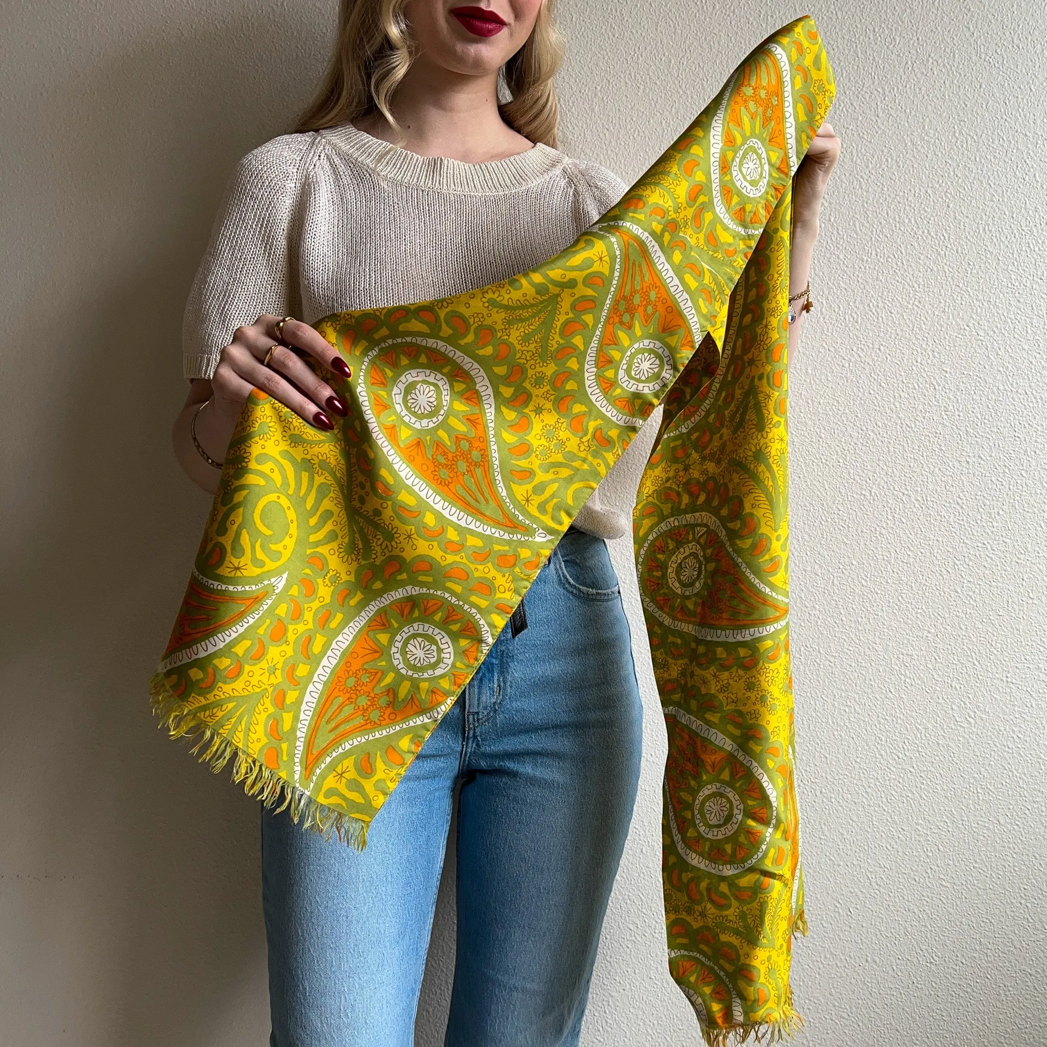 Fab 1970s Vera Yellow, Orange, and Green Pattern Silk Scarf