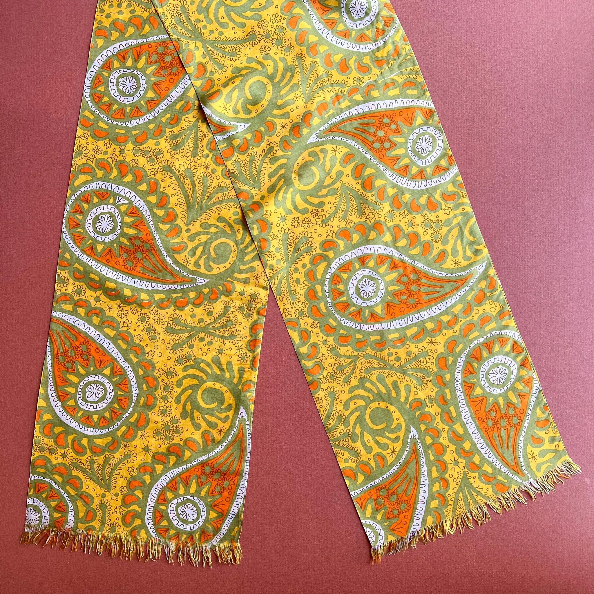 Fab 1970s Vera Yellow, Orange, and Green Pattern Silk Scarf