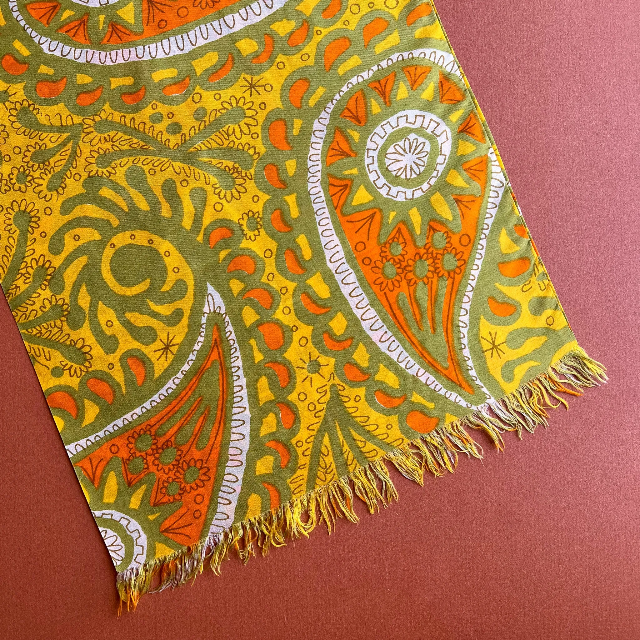 Fab 1970s Vera Yellow, Orange, and Green Pattern Silk Scarf