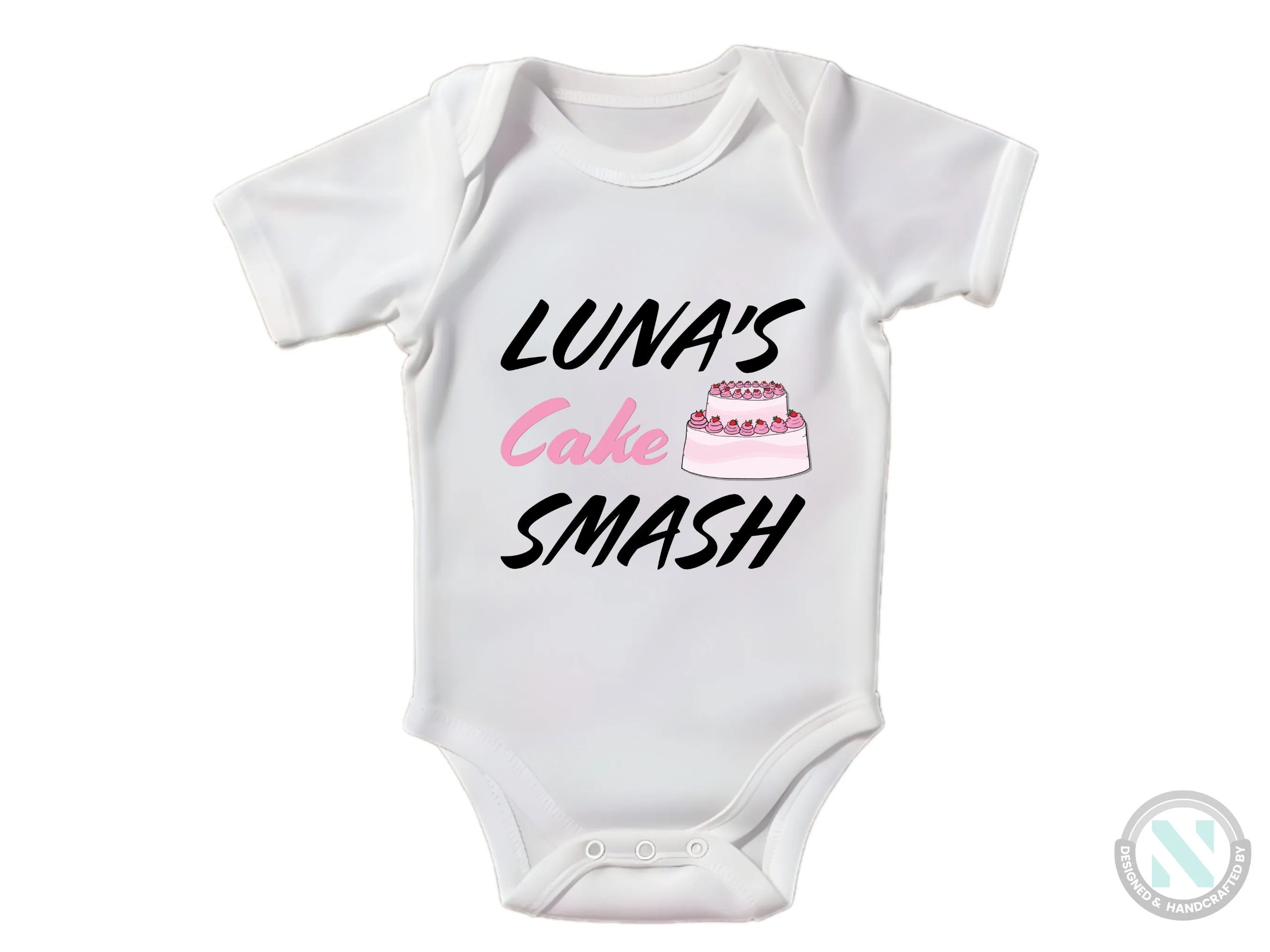 Girls Custom Name Short Sleeve Birthday Bodysuit Gift with "Cake Smash"
