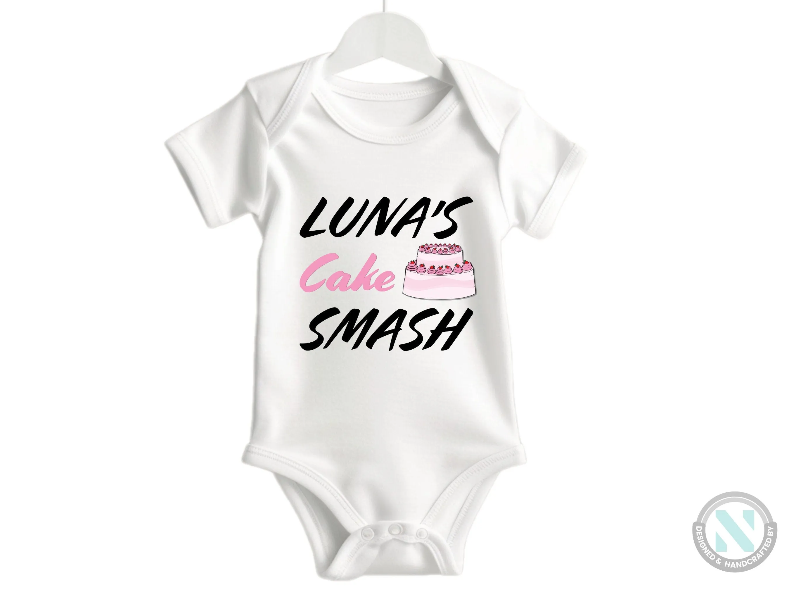 Girls Custom Name Short Sleeve Birthday Bodysuit Gift with "Cake Smash"