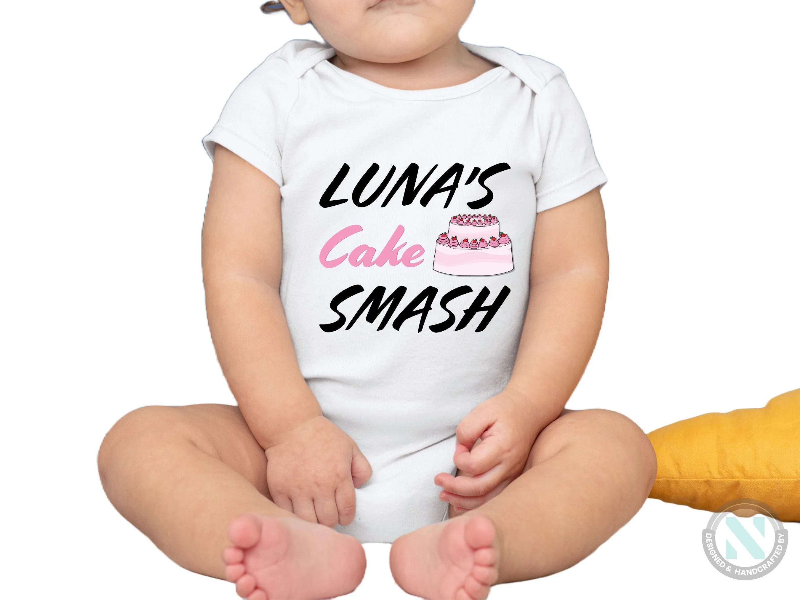 Girls Custom Name Short Sleeve Birthday Bodysuit Gift with "Cake Smash"
