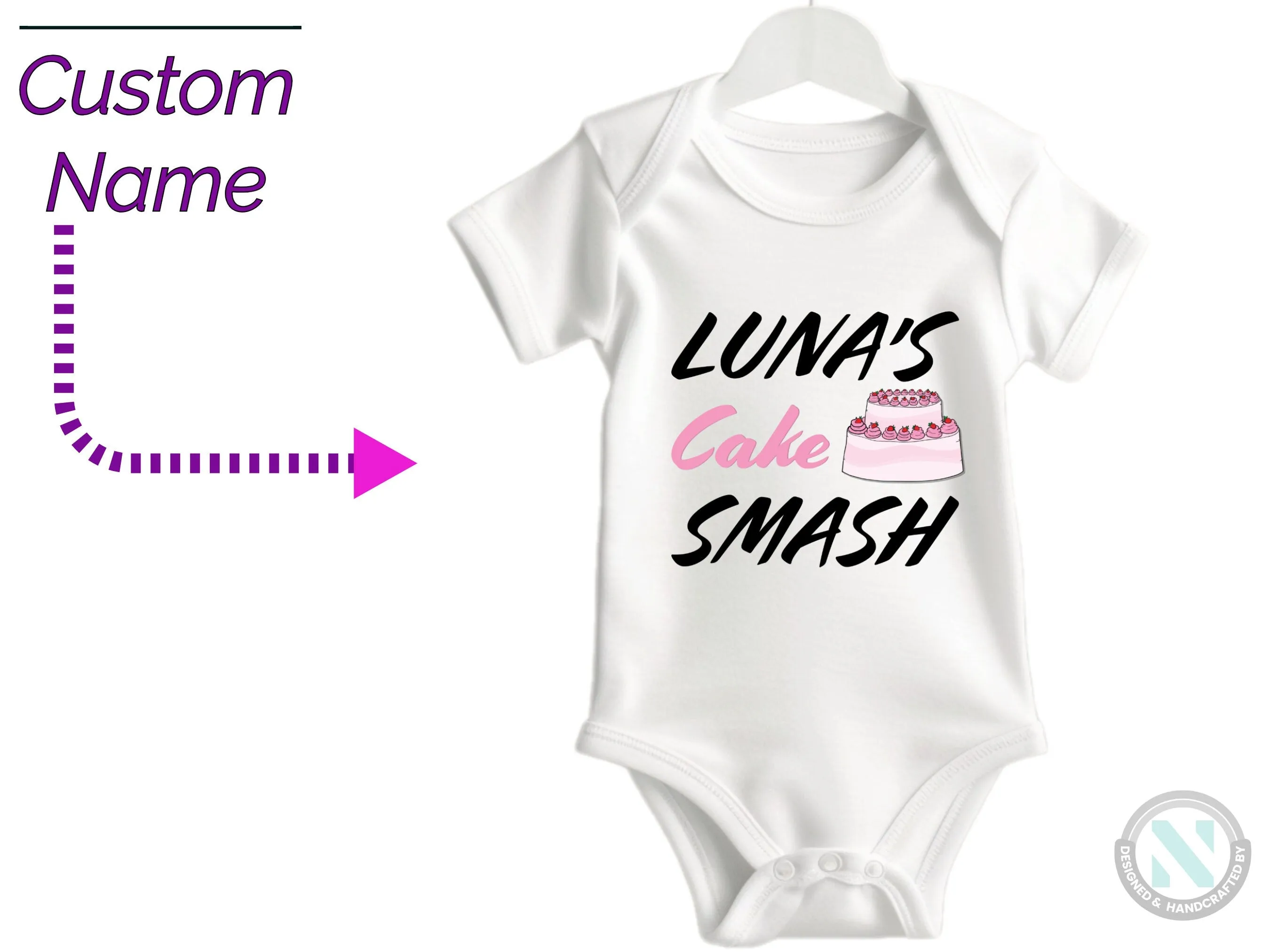 Girls Custom Name Short Sleeve Birthday Bodysuit Gift with "Cake Smash"