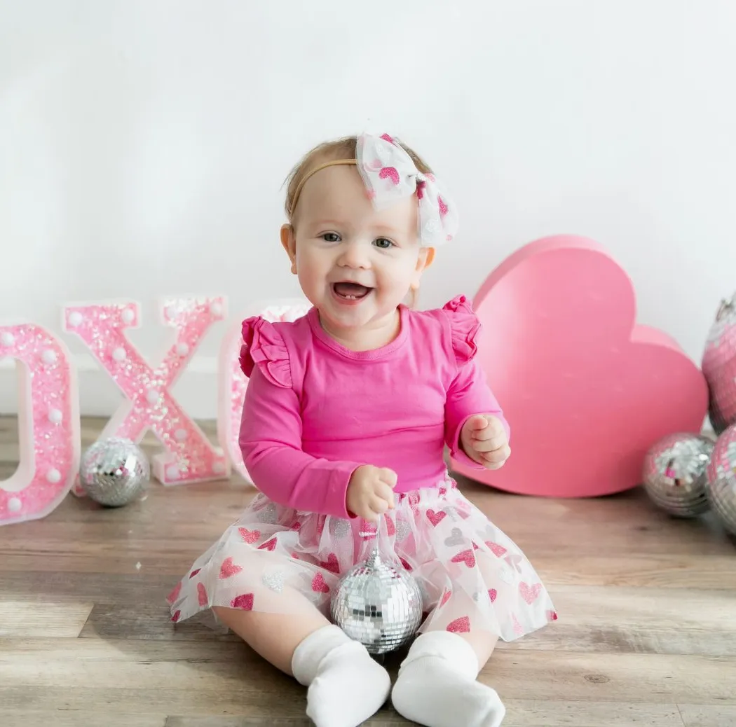 Glitter Hearts Valentine's Day Long Sleeve Tutu Bodysuit -Baby | Sweet Wink