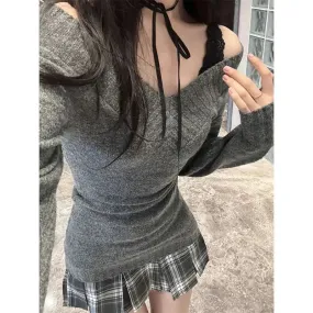 Gray Jumper V-neck Tunic Pullovers Women Fall Winter Clothing Sueter Mujer Off Shoulder Fashion Sexy Knitted Sweater Pull Femme