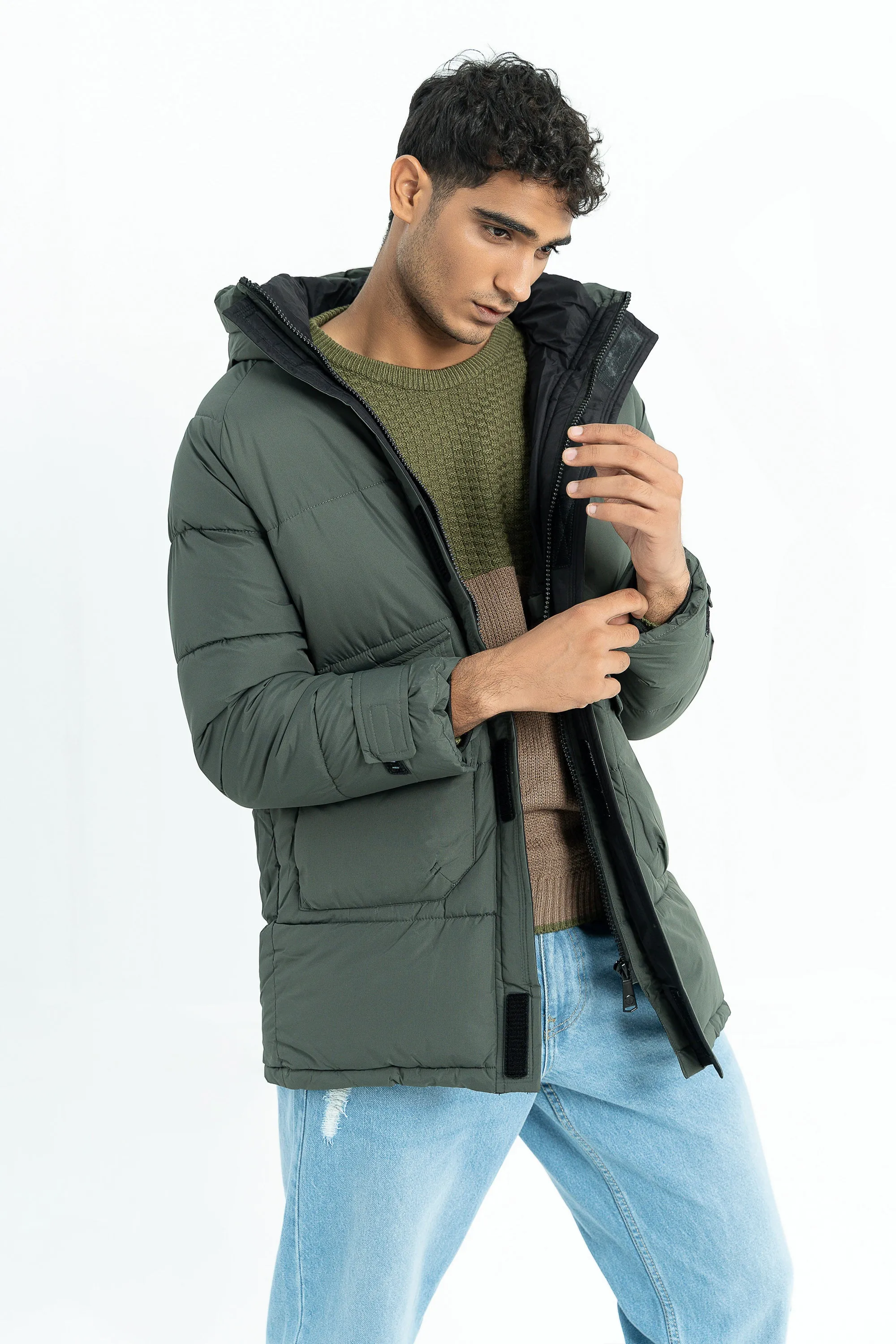 Green Puffy Bomber Jacket