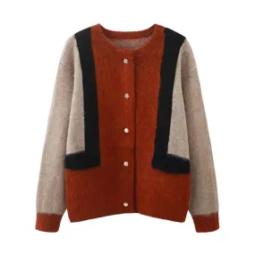 Hit Color Casual Sweaters For Women Round Neck Long Sleeve Patchwork Single Breasted Vintage Sweater Female Fashion