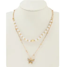 JAN44195 - Rhinestone Butterfly Pearl Layered Necklace
