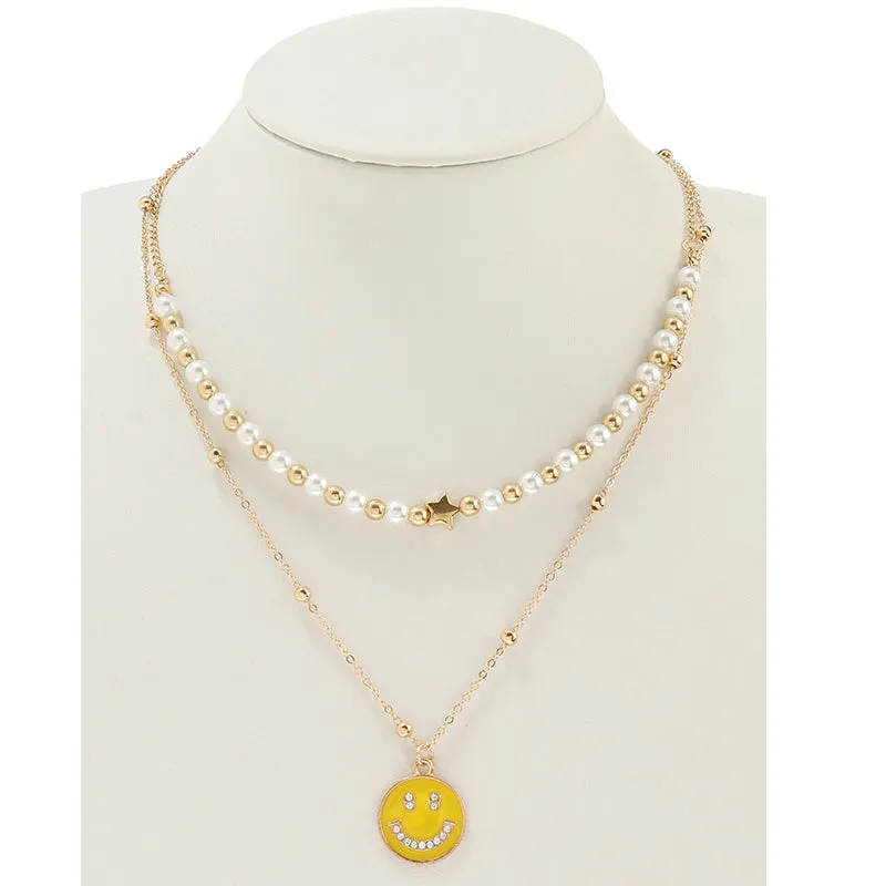 JAN44197 - Smiley Face Pearl Layered Necklace