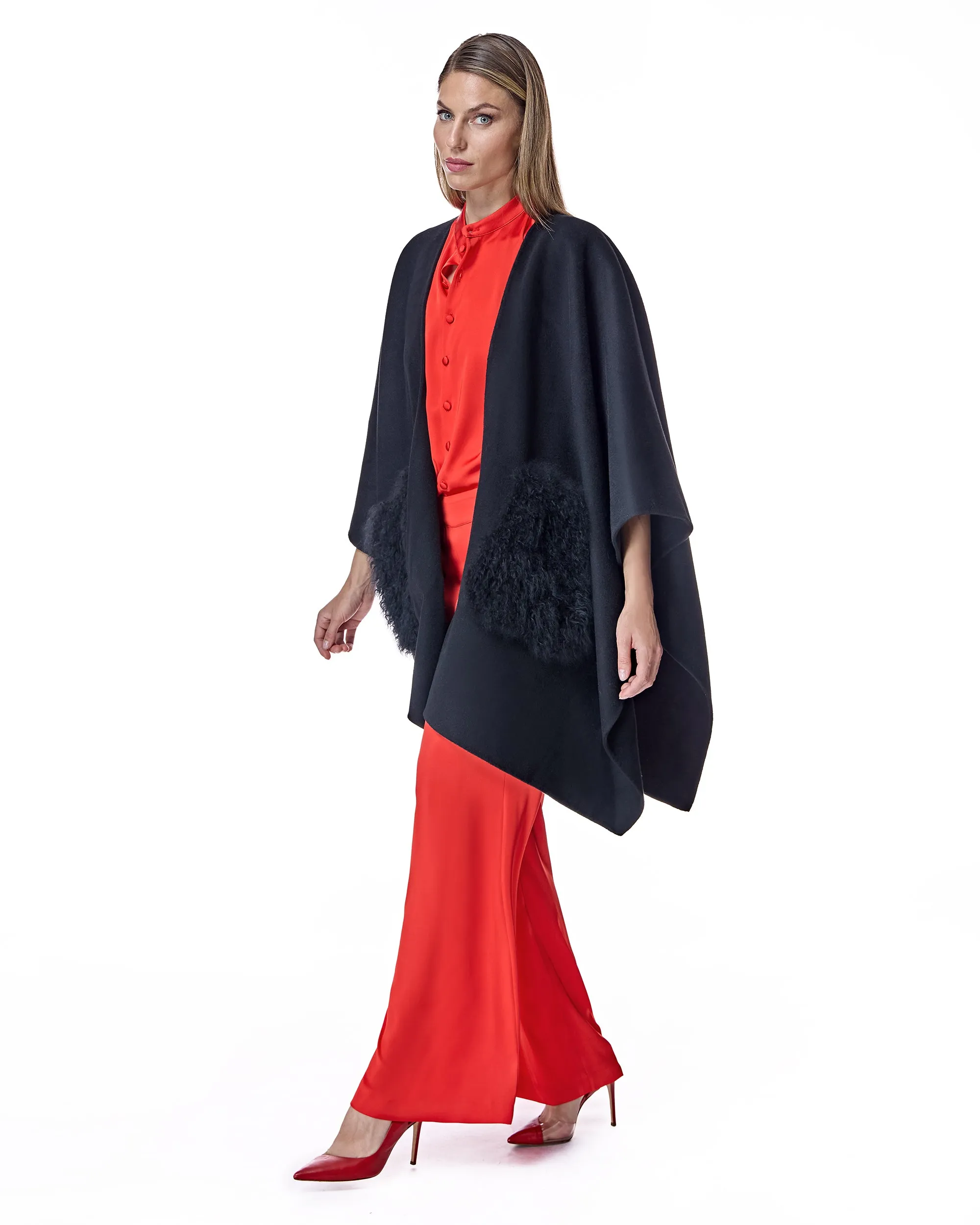 Julia & Stella by Maximilian Wool Blend Ruana with Plush Cashmere Goat Trim