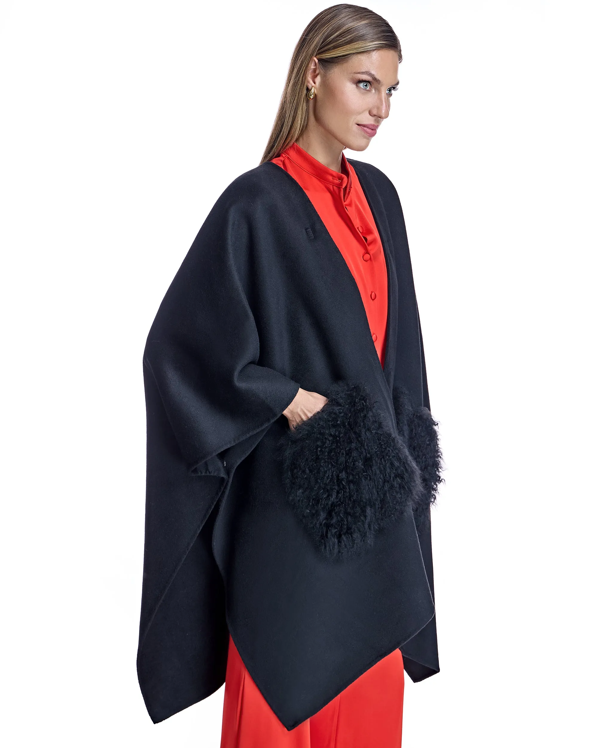 Julia & Stella by Maximilian Wool Blend Ruana with Plush Cashmere Goat Trim