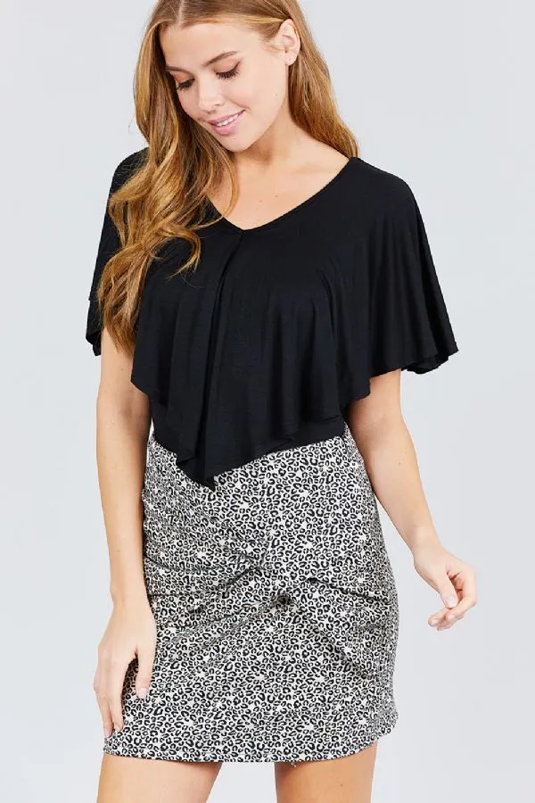 Juniors Black V-Neck Cape Flounce Top