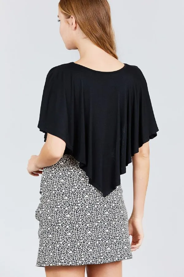 Juniors Black V-Neck Cape Flounce Top