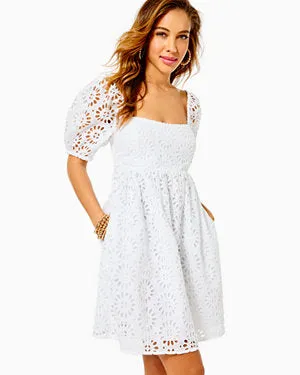 KAY SHORT SLEEVE EYELET DRESS, RESORT WHITE