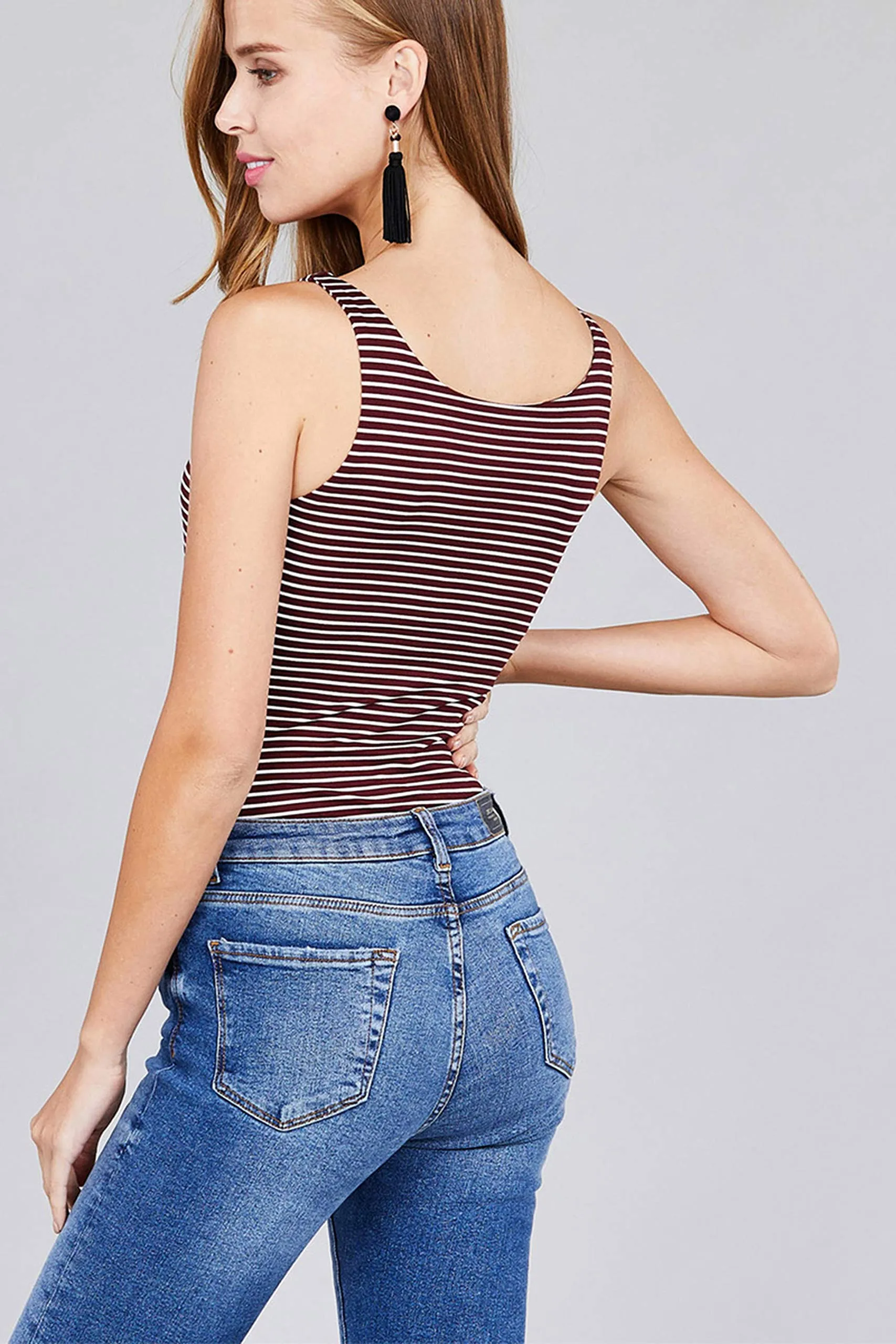 Khanomak Women's Sleeveless Double Scoop Neck Striped Tank Top Bodysuit