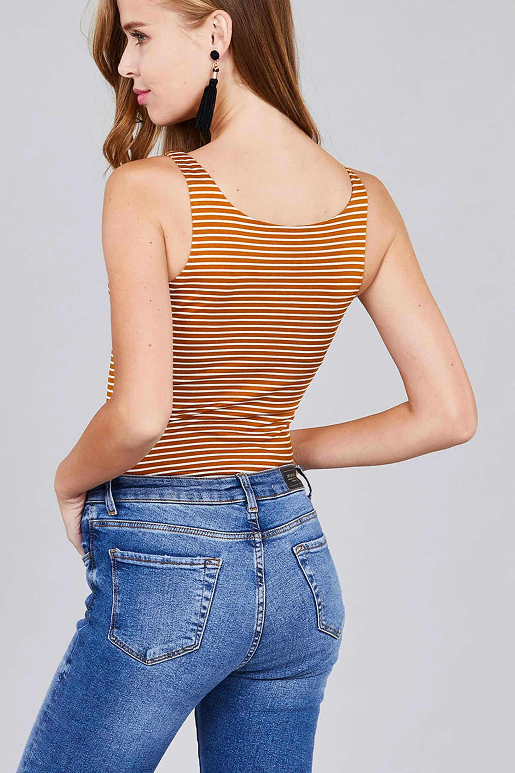 Khanomak Women's Sleeveless Double Scoop Neck Striped Tank Top Bodysuit